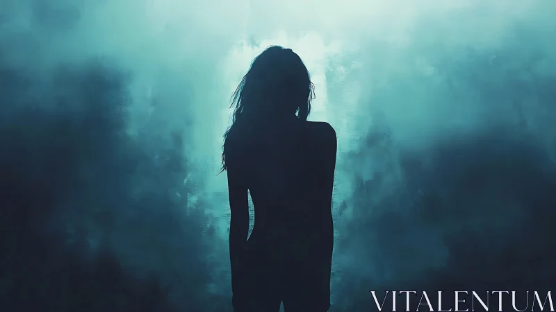 Silhouetted female figure against teal atmospheric haze.