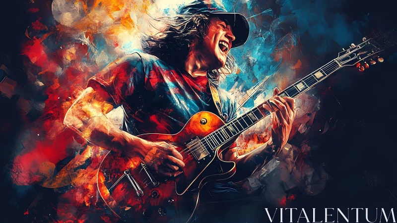 Digital painting of electric guitarist in explosive chromatic motion.