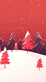Minimal winter hill with red stylized fir trees in snow.