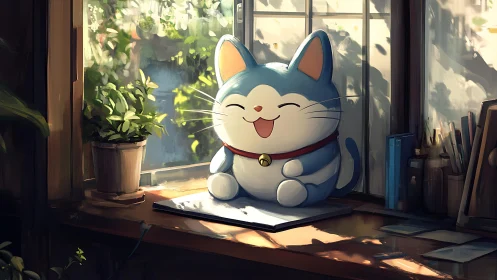 Sunny window nook with a cheerful blue chubby cat figure.