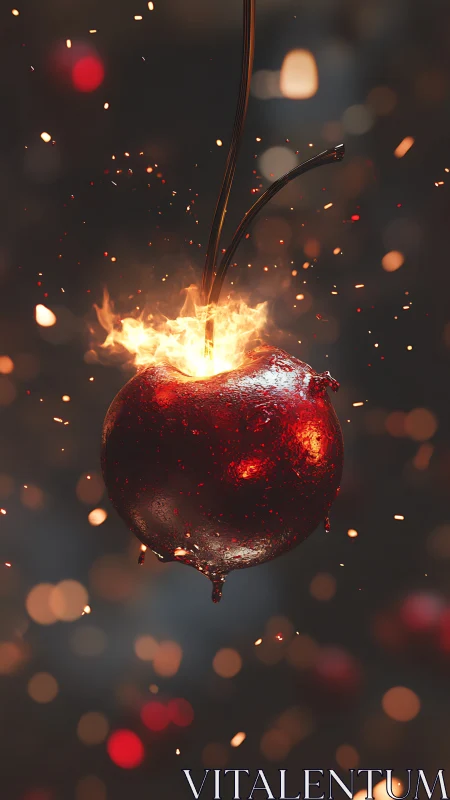 Burning red cherry rendered with detailed sparks and flame.