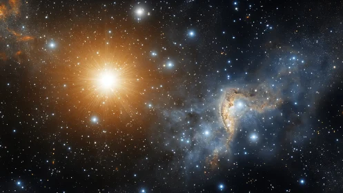 Bright orange star and dusty blue nebula in star field.