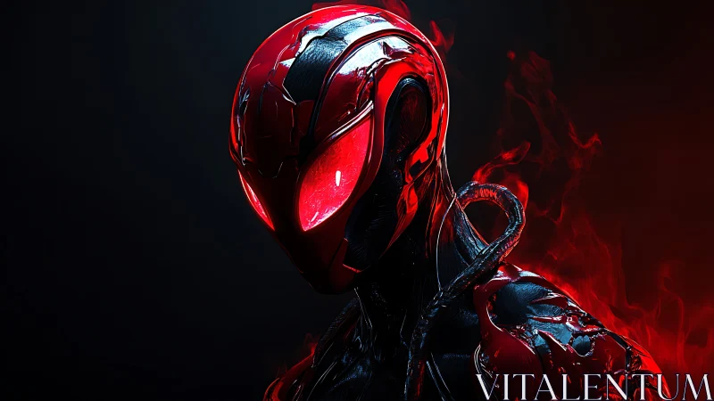 Cybernetic red warrior emerges from shadows in fiery glow.