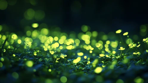 Glowing clover field illuminates dark forest floor at dusk