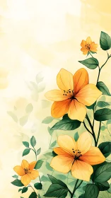 Yellow orange flowers with green leaves on pale background