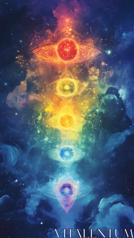 Cosmic chakra spheres aligned within radiant nebulae field.