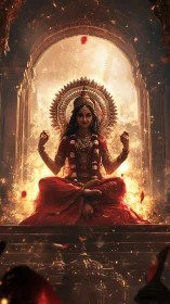 Radiant goddess in red meditates within a glowing temple arch