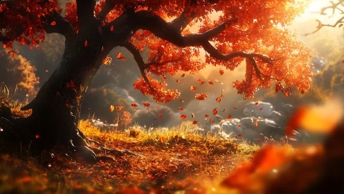 Autumn maple tree under warm backlight with drifting foliage