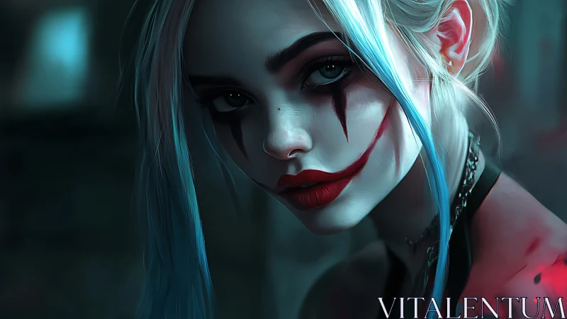 Neo-noir female portrait with smeared clown makeup and cyan hair