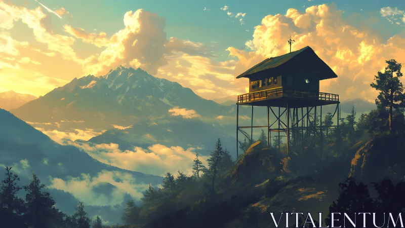 Sunlit mountain lookout cabin welcomes the morning sky