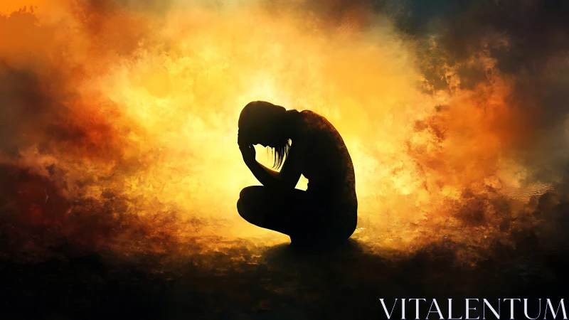 Silhouette in the firelight of emotion and quiet resilience.