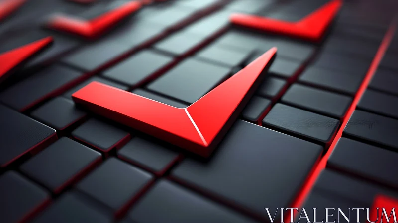 Red check mark elements on dark geometric tile surface.