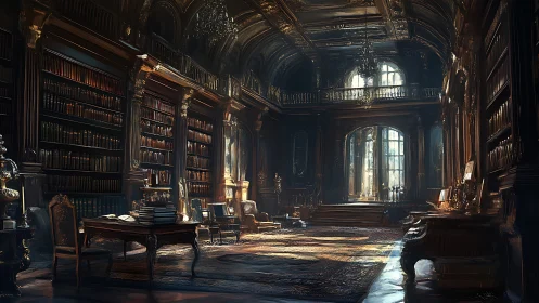 Grand baroque library interior with golden morning light