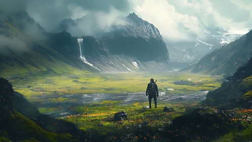 Solitary traveler greets a vast, misty mountain valley