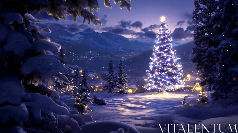 Snowy hillside Christmas tree glowing above alpine village.