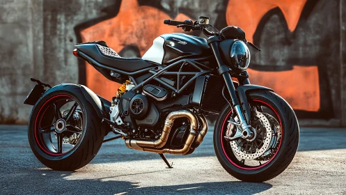 Urban predator motorcycle poised against graffiti dusk wall.