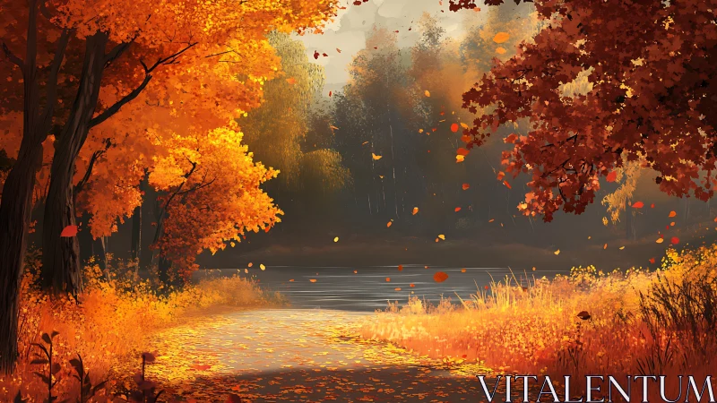 Autumn forest path beside calm lake under orange foliage.