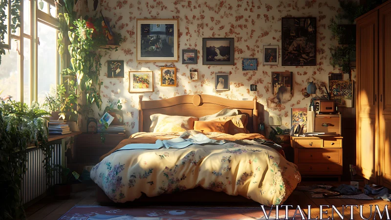 Sunlit botanical bedroom sanctuary with cozy unmade bed.