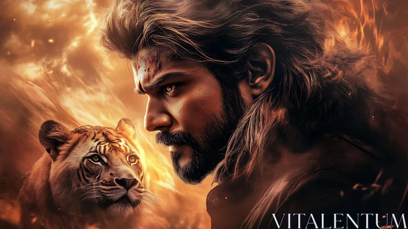 Fiery warrior portrait with tiger ally in glowing embers.