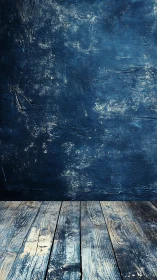 Weathered blue studio wall with rustic wooden floor.