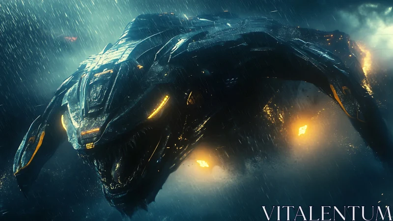 Alien warship dives through storm with burning thrusters.