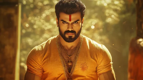 Intense Indian warrior portrait in saffron attire, golden bokeh light.