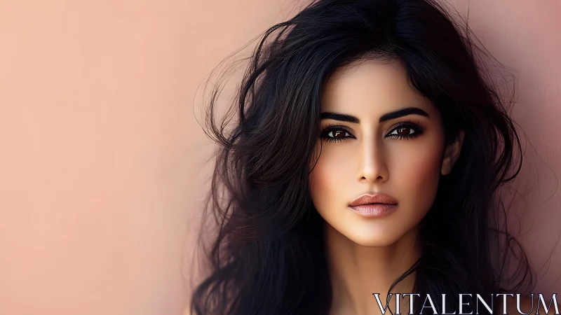 Portrait study shows luminous gaze beside soft peach wall.