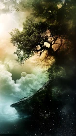 Twisting cliffside tree bridging clouds and cosmic void.