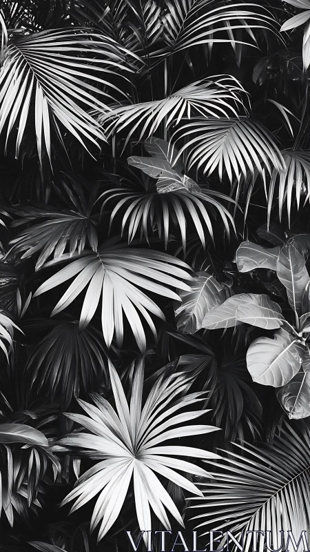 Monochrome tropical palm leaves forming dense foliage.