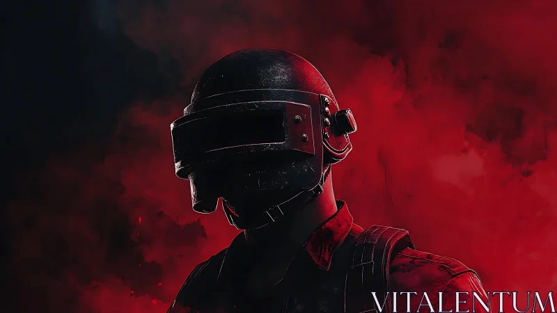 Armored tactical soldier stands in red smoke haze