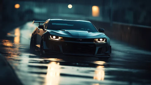 Wet asphalt night drive with matte black track-prepped Camaro