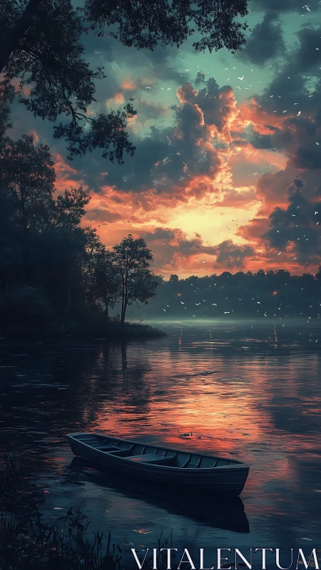 Twilight rowboat on reflective lake under ember lit sky.