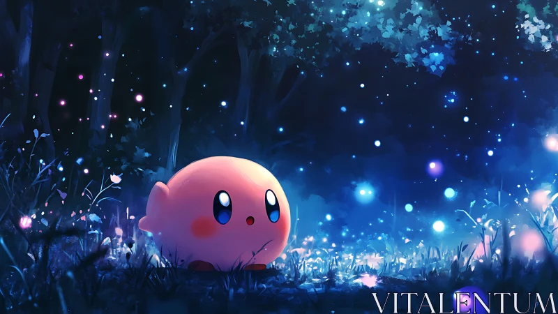 Pink orb character in luminescent blue forest nightscape.