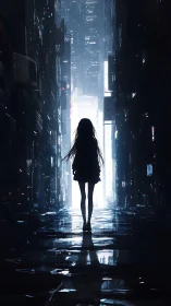Silhouetted figure in reflective alleyway of dense cityscape.