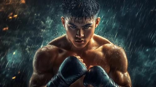 Muscular athlete with boxing gloves in rain under dramatic atmospheric lighting