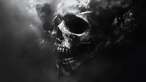 Monochrome cranial apparition in turbulent particulate mist.