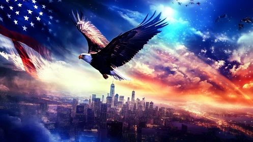 Majestic bald eagle soars above neon-lit American city skyline.