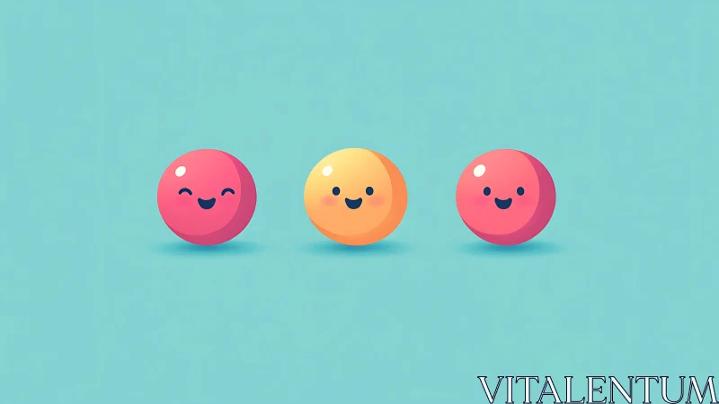 Smiling pastel emoji spheres float on bright teal background.