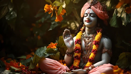 Serene garlanded deity statue seated amid lush foliage.