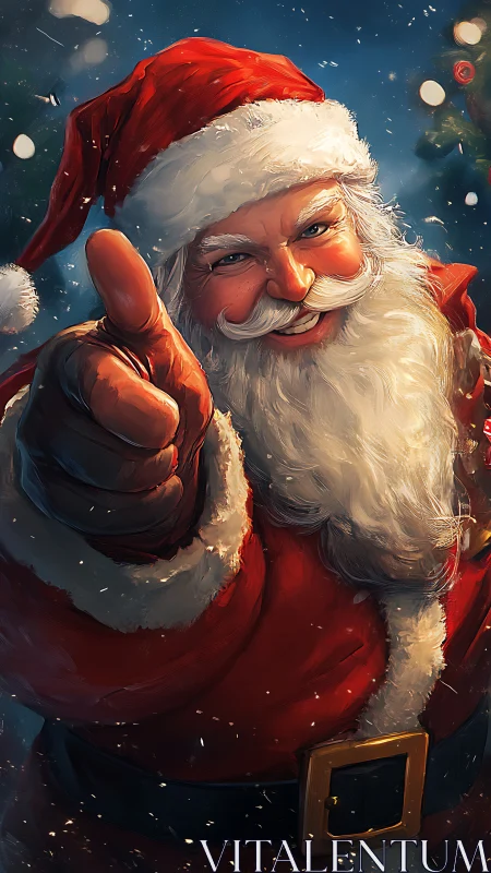 Dynamic close-up digital portrait of Santa in snowfall.