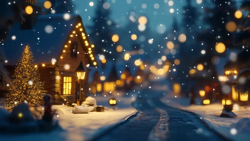 Snowy village lane with glowing festive cottages at dusk.