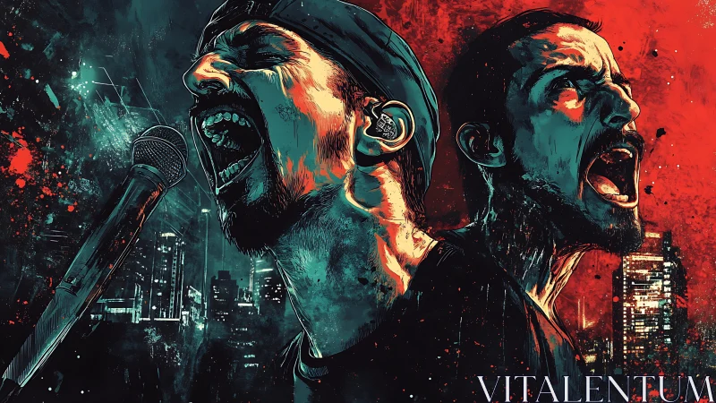 Dual screaming vocalist portrait unites neon grit and urban chaos