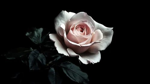 Pale Pink Rose Against Black Background.