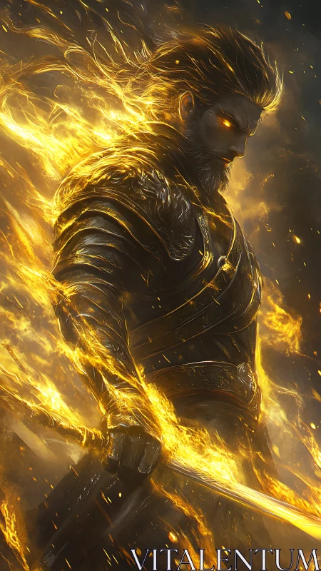 Flaming warrior strides through embers in blazing golden armor