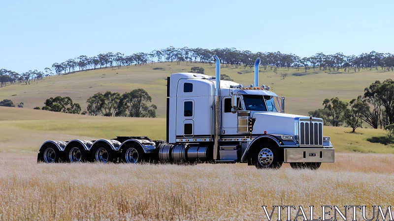 Heavy-duty prime mover with quad rear axles in rural grassland