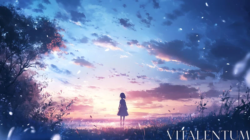 Silhouetted girl observes luminous dusk sky over meadow