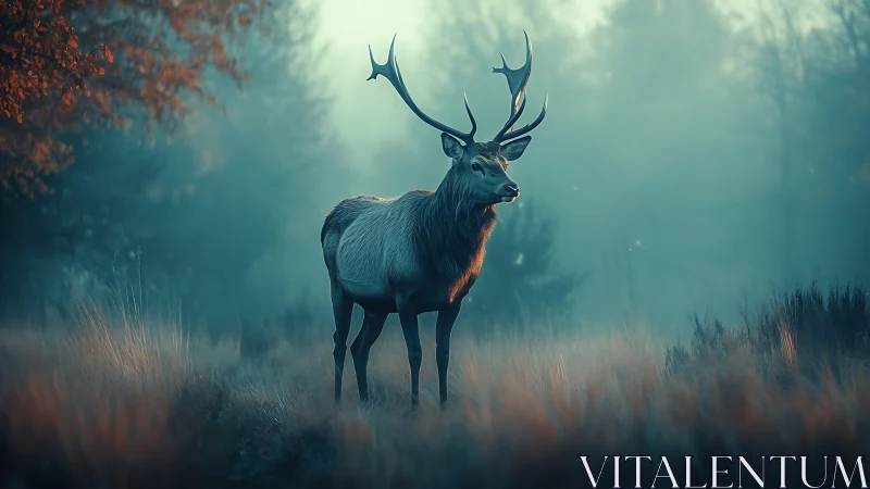Gentle stag poised in misty dawn light of quiet forest.