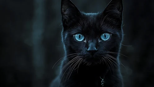 Black Feline with Cerulean Ocular Features in Atmospheric Darkness
