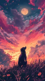 Canine silhouette under chromatic moonlit stratocumulus sky.