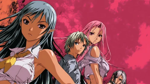 Four determined anime warriors stand against vivid pink sky
